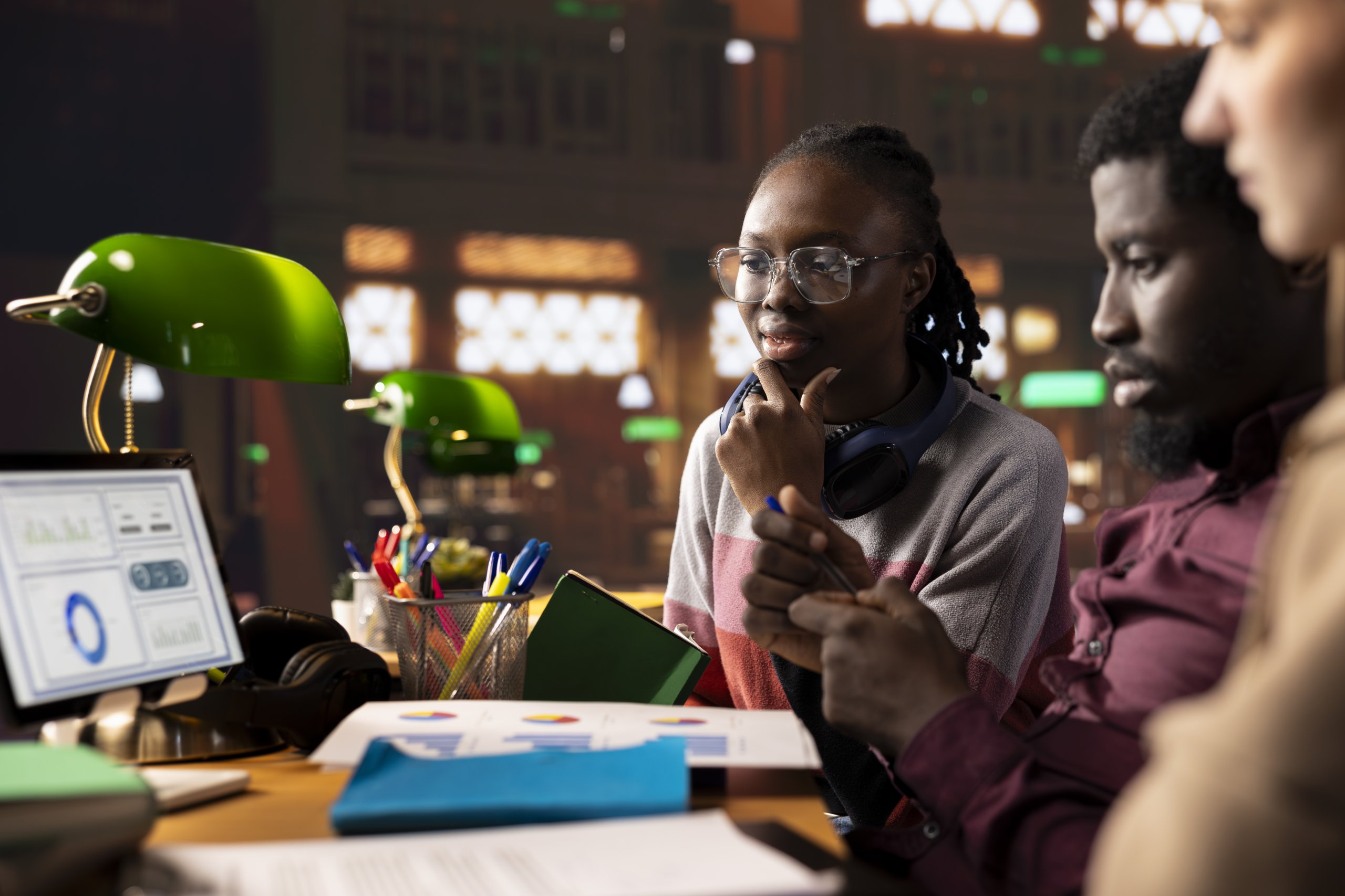 Students learning accounting principles and financial analysis for business courses, using textbooks and digital tools in a library—focused on entrepreneurship and digital strategy.