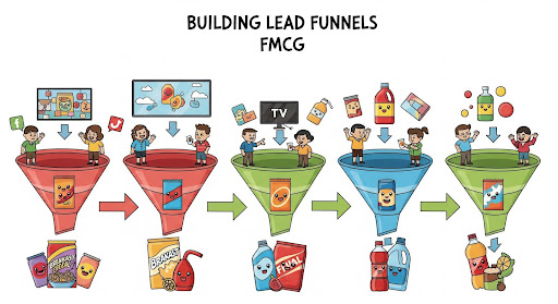 Visual showing how lead funnels capture and convert customers for FMCG products