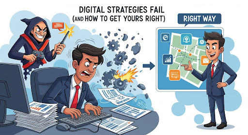 Cartoon illustration showing an overwhelmed FMCG marketing team surrounded by disconnected digital tools, charts, and ads—highlighting confusion and lack of strategy