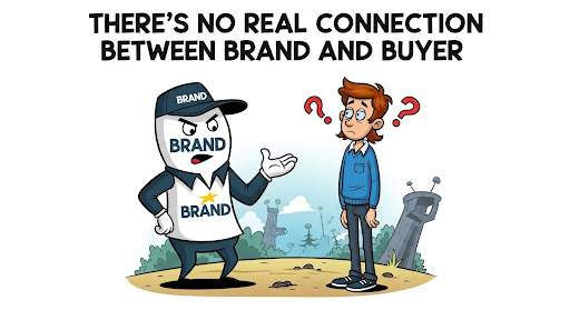 Cartoon illustration of a shopper confused by mixed brand messages