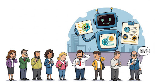 Cartoon of a marketer walking past a glowing AI robot offering tools and insights, unaware—symbolizing the missed opportunity of AI and automation in digital strategy.
