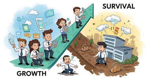 Cartoon illustration of an FMCG brand at a crossroads—one path leading to growth with digital tools and teamwork, the other showing confusion and outdated strategies.