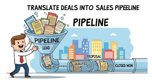 Diagram showing a CMO filling a sales pipeline with revenue strategies, symbolizing growth-driven marketing leadership
