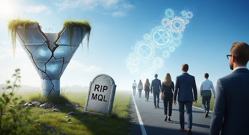 Graveyard scene with tombstones marked ‘MQL,’ as CMOs walk past, symbolizing the decline of traditional lead handoff models.