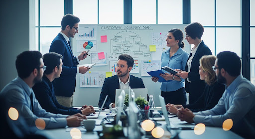 CMO seated with their team, reviewing charts and data to shift focus from brand awareness to measurable growth.”