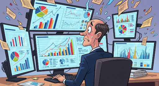 An illustration of a marketing executive looking stressed while sitting in front of multiple screens filled with confusing and disconnected charts and graphs.