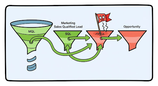 A dashboard view showing conversion rates between marketing funnel stages, from MQL to SQL to Opportunity, with green arrows for healthy rates and a red flag on a low conversion point.