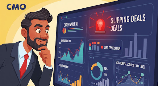 An illustration of a CMO looking at a dashboard with early warning indicators, like a blinking light next to 'Slipping Deals,' enabling proactive decision-making.