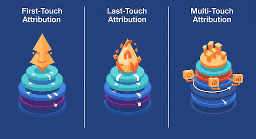 Illustration comparing first-touch, last-touch, and multi-touch attribution models.