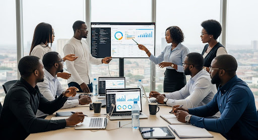 Data-driven marketing team in Nigeria discussing ROI attribution strategies.