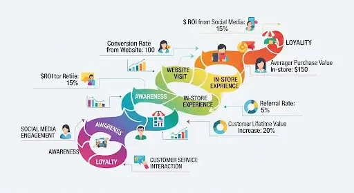 Illustration of a customer journey map showing touchpoints from awareness to loyalty with ROI metrics highlighted.
