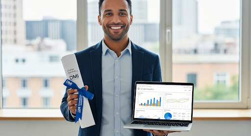 A man holding his DMI certificate and smiling after passing the Digital Marketing Institute course