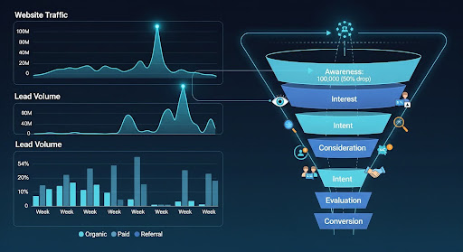 Chart showing website traffic, lead volume, and funnel progression from awareness to conversion