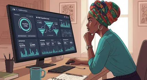 Illustration of a Nigerian brand marketer analysing a paid acquisition loop on a dashboard with charts, funnels, and retention metrics.