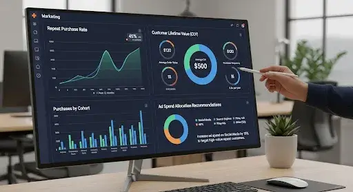 Dashboard tracking repeat purchases and customer lifetime value to guide ad spend
