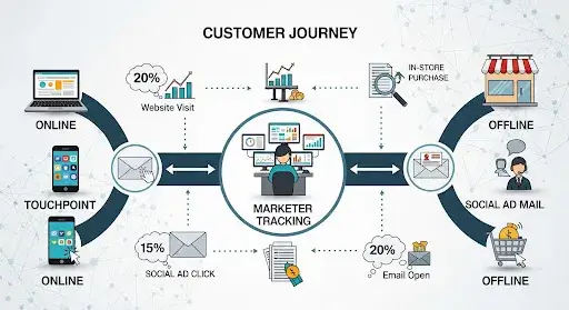 Marketers tracking customer journey across online and offline touchpoints