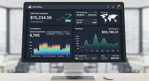 Dashboard showing paid ads, conversions, and revenue metrics for digital campaigns
