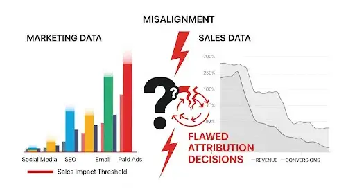 Visual showing misaligned marketing and sales data leading to flawed attribution decisions