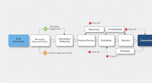 Flowchart showing customer progression from first interaction to conversion, with checkpoints for messaging, alignment, and drop-offs.