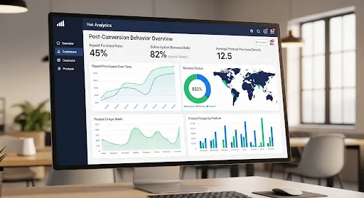 Analytics dashboard tracking post-conversion behaviour such as repeat purchases, renewals, and product usage.