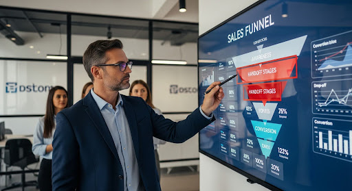 Business leader reviewing funnel performance data on a large screen, identifying growth bottlenecks at handoff stages.