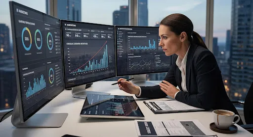 Executive reviewing marketing dashboards with a focus on strategy and growth metrics.