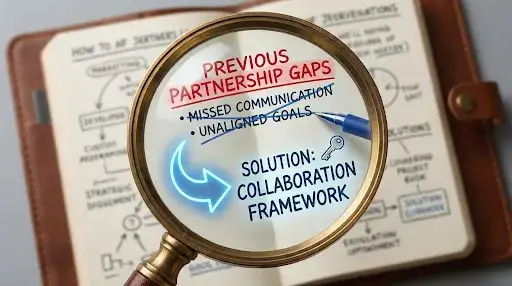 Magnifying glass examining previous partnership gaps with a solution focus
