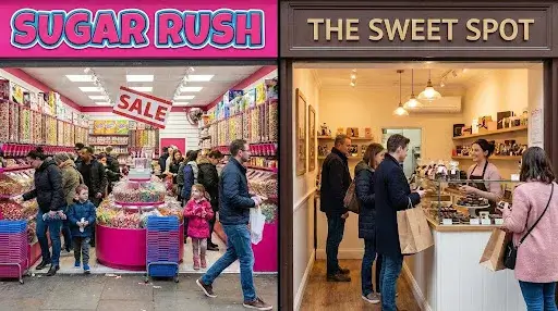 Two candy store comparison: one busy but no purchases, one small but profitable