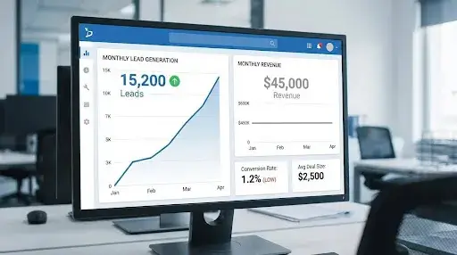 Dashboard showing high lead numbers but flat revenue chart
