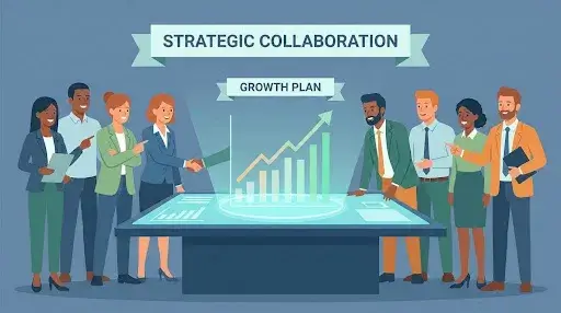 Strategic collaboration illustration showing two teams aligned on a growth plan