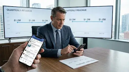 Business leader reviewing social media posts while revenue chart remains stagnant