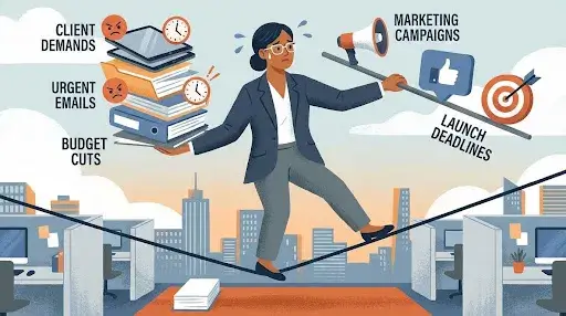 Illustration of an account manager balancing client pressures and marketing campaigns