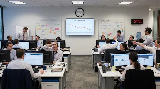 Busy office environment showing marketing activity with no business progress