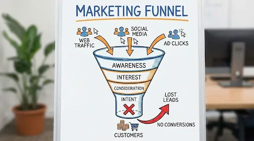 Marketing funnel diagram showing traffic entering but not converting into customers