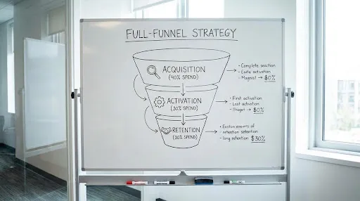 Full-funnel strategy diagram balancing acquisition, activation, and retention spend