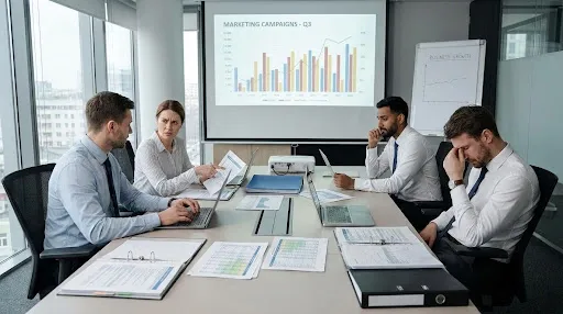 Team in meeting reviewing extensive marketing reports with limited business growth impact