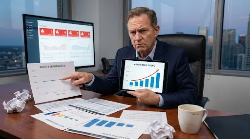 Executive reviewing increased marketing spend with no corresponding growth in sales performance