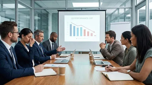 Client meeting with agency team discussing performance gaps and strategic alignment issues