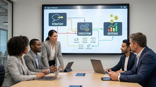 Integrated marketing system connecting strategy, execution, and revenue