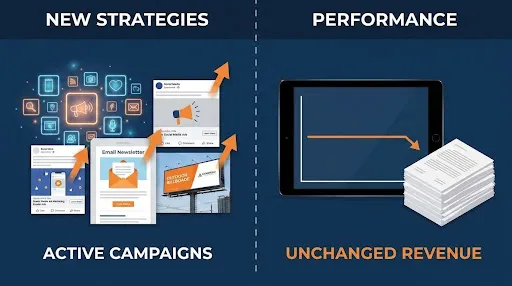 Split visual of active marketing campaigns versus unchanged revenue performance graph