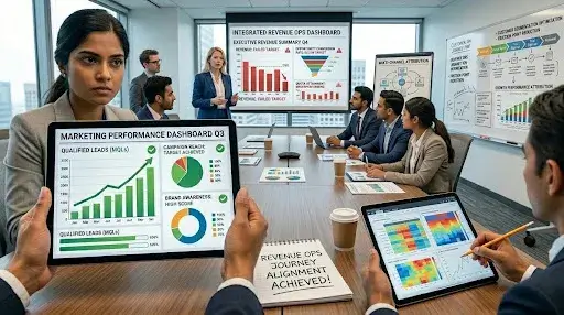 Cross-functional business teams reviewing customer journey analytics and growth performance dashboards.