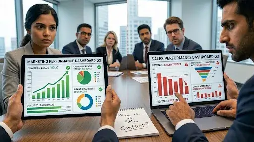 Marketing and sales teams sitting at opposite sides of a conference table reviewing conflicting performance reports.