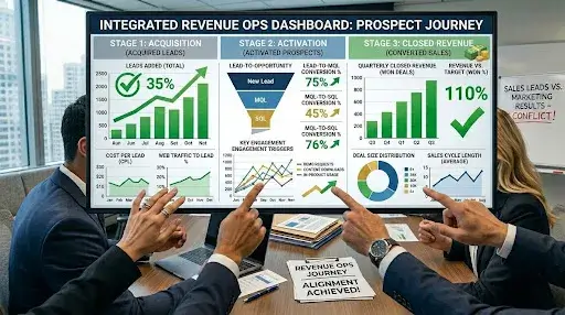 Analytics dashboard tracking prospects from acquisition through activation to closed revenue.
