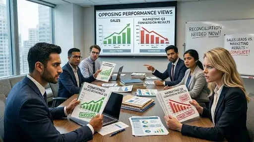 Marketing and sales teams sitting at opposite sides of a conference table reviewing conflicting performance reports.
