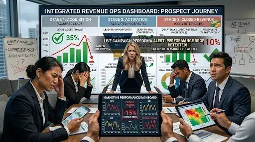 Marketing team reacting to fluctuating campaign performance metrics during a high-pressure strategy meeting.