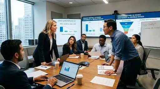 Marketing and sales teams in a boardroom meeting debating lead quality and revenue results during a strategy discussion.