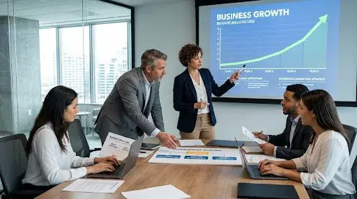 Business leaders planning strategies to scale a growing company after early success