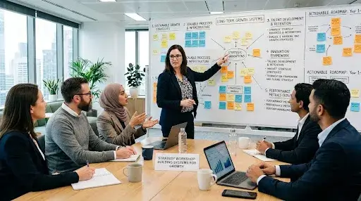 Business growth chart with leadership team planning scalable operations and marketing