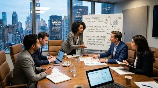 Executive team discussing brand strategy, customer experience, and market differentiation initiatives.