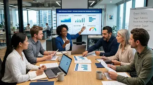 Business team reviewing brand messaging strategy and customer communication performance
